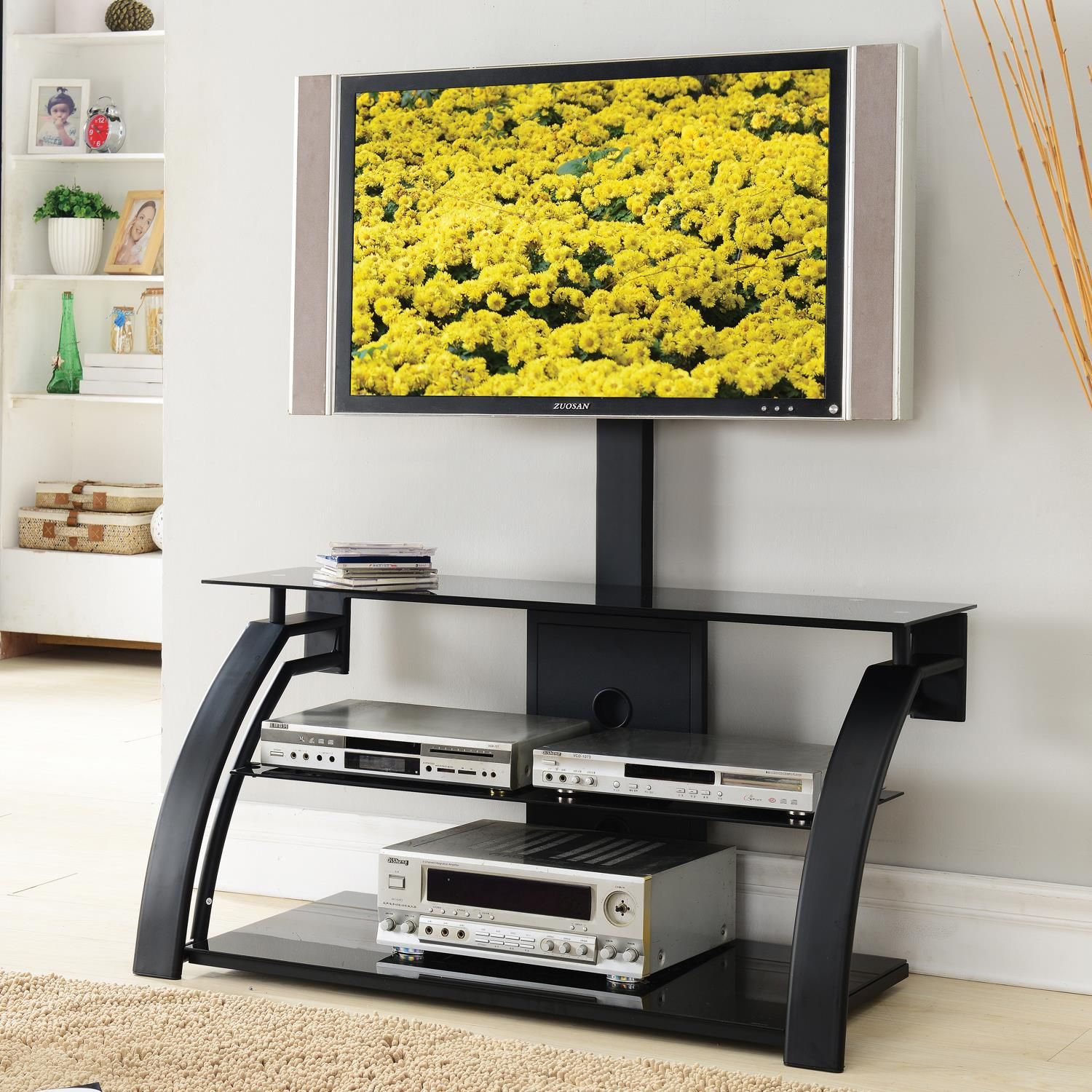 Home Source Logan Plasma Tv Stand With Mount And 3 Black Throughout Glass Tv Stands (View 2 of 15)