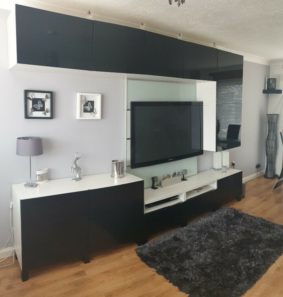 Ikea Besta Tv, Wall & Floor Black Gloss Units | In Throughout Black Gloss Tv Wall Unit (View 4 of 15)