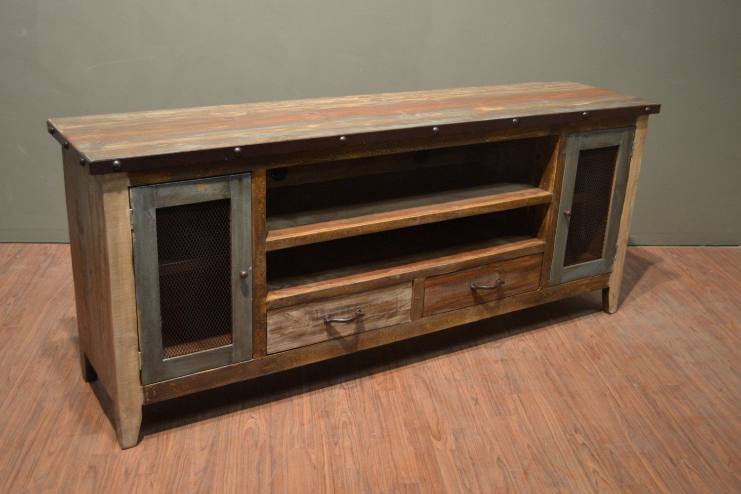 Industrial Rustic Reclaimed Wood 76 Inch Tv Stand Media Intended For Rustic Country Tv Stands In Weathered Pine Finish (View 2 of 15)
