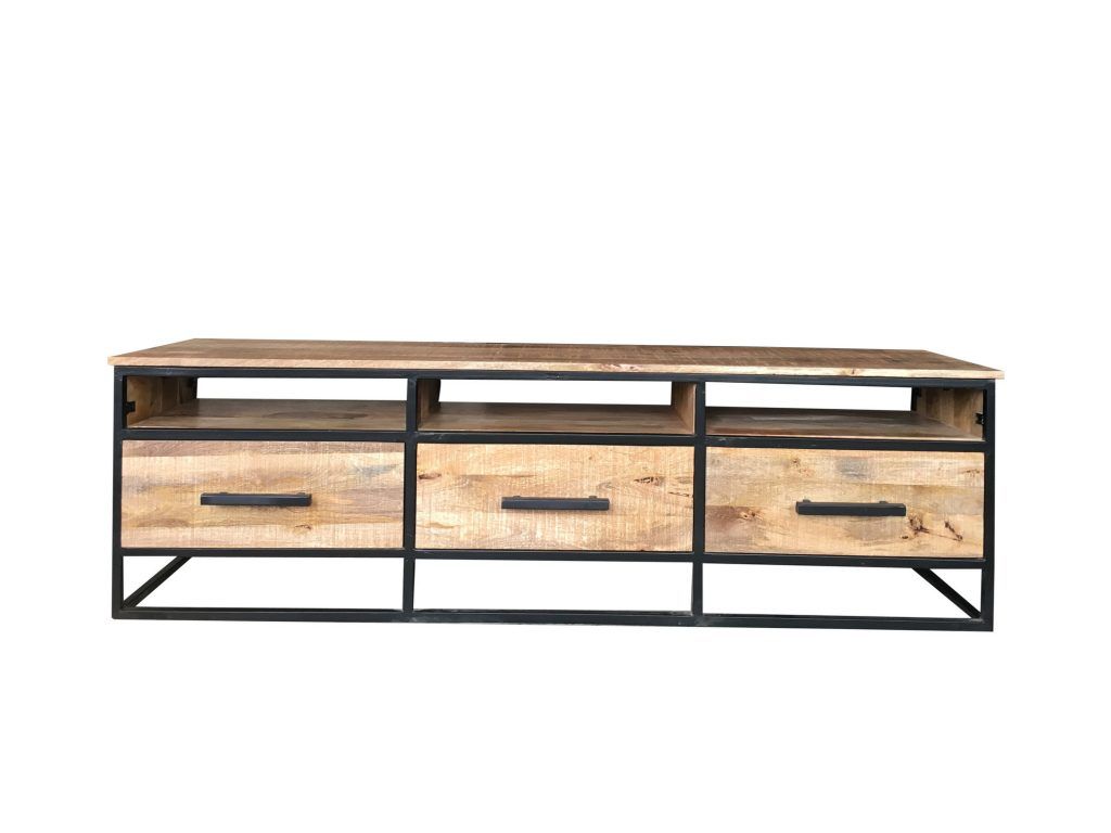 Industrial Style Light Mango Wood 3 Drawer Tv Stand For Mango Wood Tv Cabinets (View 10 of 15)