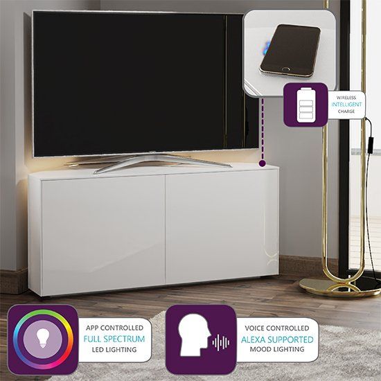 Intel Corner Led Tv Stand In White Gloss With Wireless With Regard To White Gloss Corner Tv Stand (Photo 6 of 15)