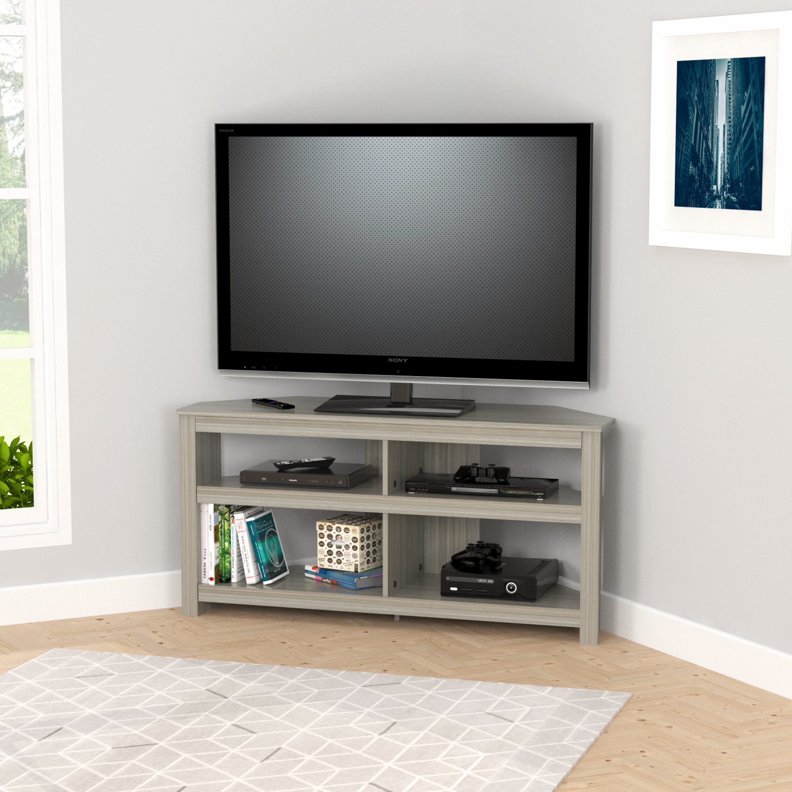 Inval 4 Shelf Corner Tv Stand For Tvs Up To 60", Smoke Oak Intended For Corner Tv Stands For Tvs Up To 60&quot; (View 5 of 15)