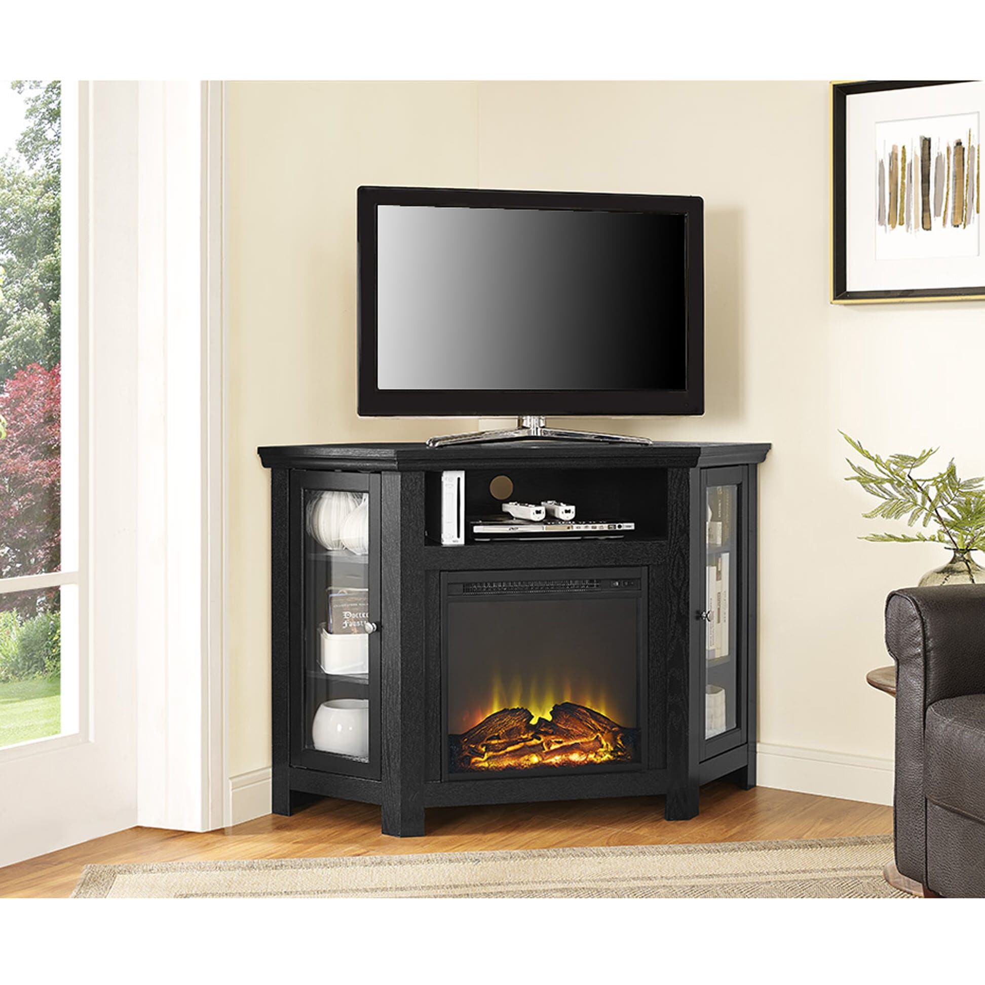 Jackson 48 Inch Corner Fireplace Tv Stand – Black Within Wood Corner Storage Console Tv Stands For Tvs Up To 55&quot; White (Photo 11 of 15)