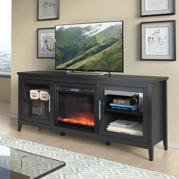 Jackson Black Wood Grain Tv Stand And Fireplace (80 Inches With Modern Black Floor Glass Tv Stands For Tvs Up To 70 Inch (View 10 of 15)