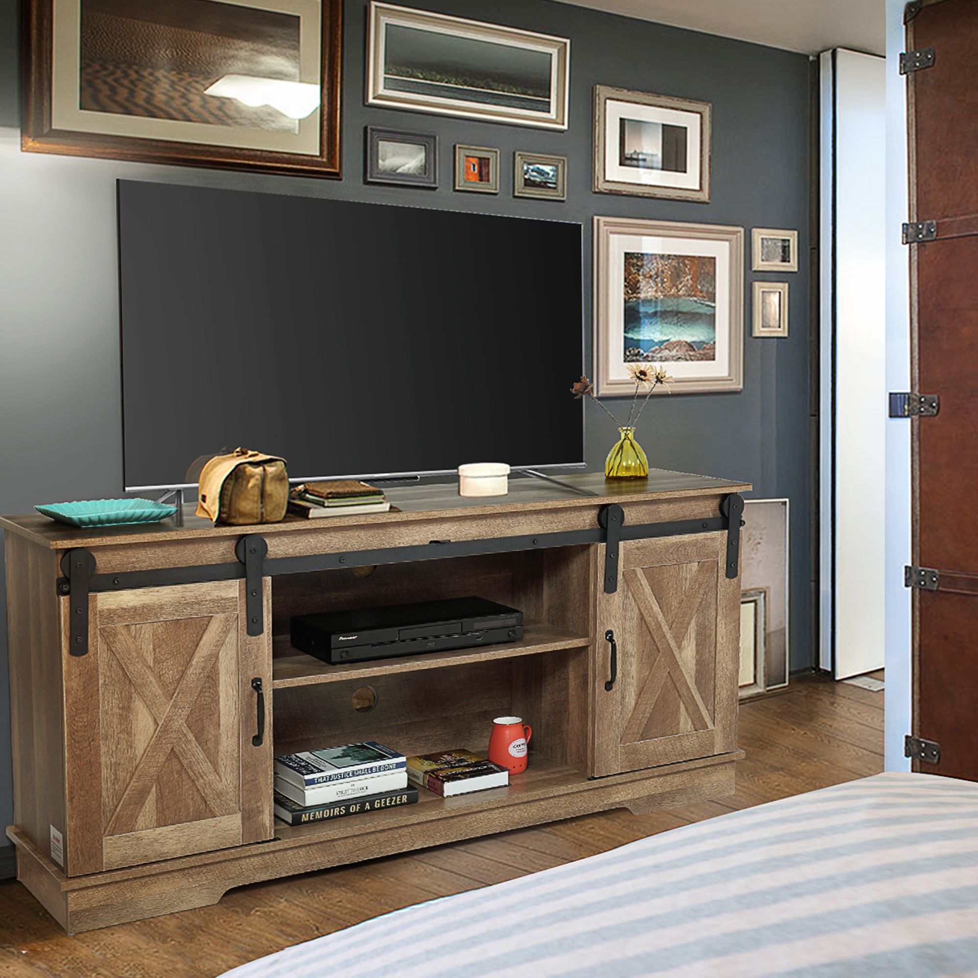 Jaxpety Wooden Tv Stand With Sliding Barn Door For 65''tvs Inside Long Oak Tv Stands (View 3 of 15)