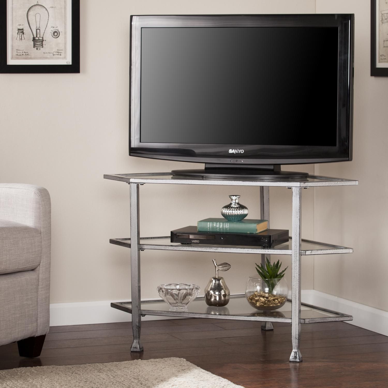 Jaymes Metal/glass Corner Tv Stand – Distressed Silver Pertaining To Modern 2 Glass Door Corner Tv Stands (View 9 of 15)