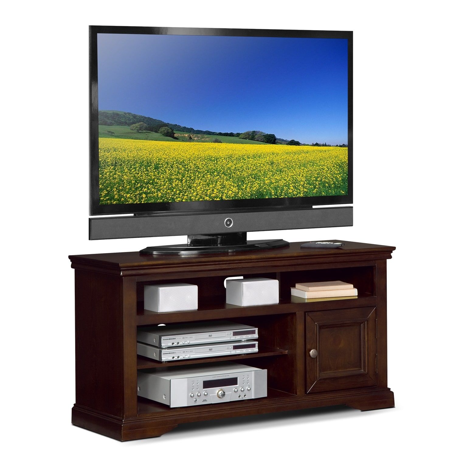Jenson 50" Tv Stand – Cherry | American Signature Furniture Intended For Leonid Tv Stands For Tvs Up To 50&quot; (Photo 15 of 15)