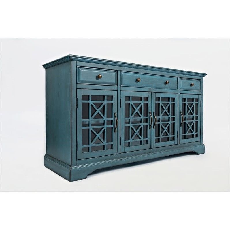 Jofran Craftsman 60" 3 Drawer Media Unit Antique Blue Tv Throughout Blue Tv Stands (View 14 of 15)