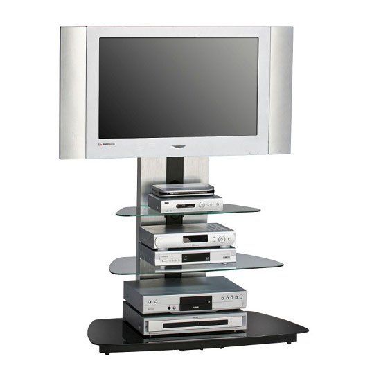 Joy Metal Frame Alu Brushed Tv Stand With 3 Black Glass Throughout Tabletop Tv Stands Base With Black Metal Tv Mount (View 13 of 15)