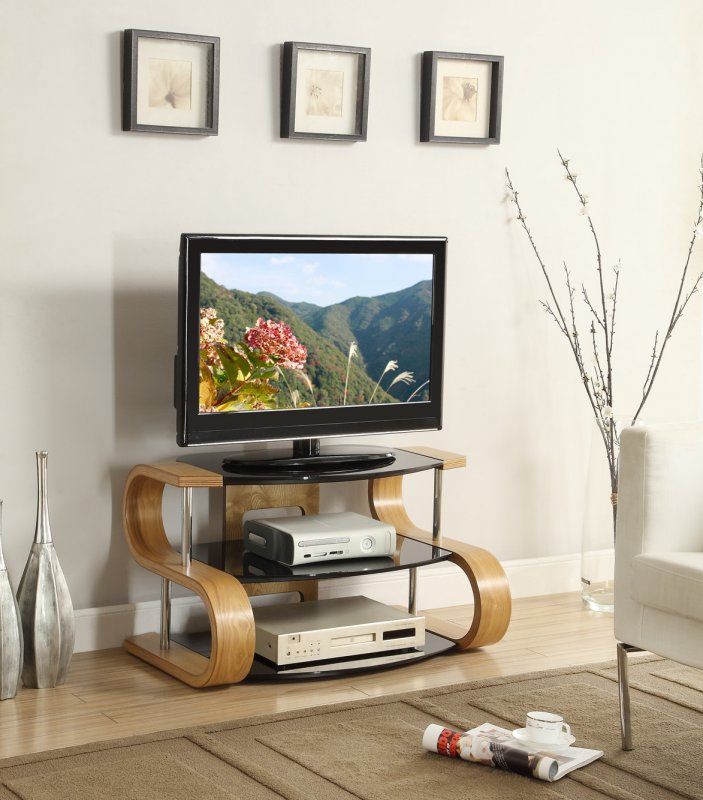 Jual Florence Oak & Black Glass 850mm Curved Wood Tv Stand Intended For Wood Tv Stand With Glass Top (Photo 6 of 15)
