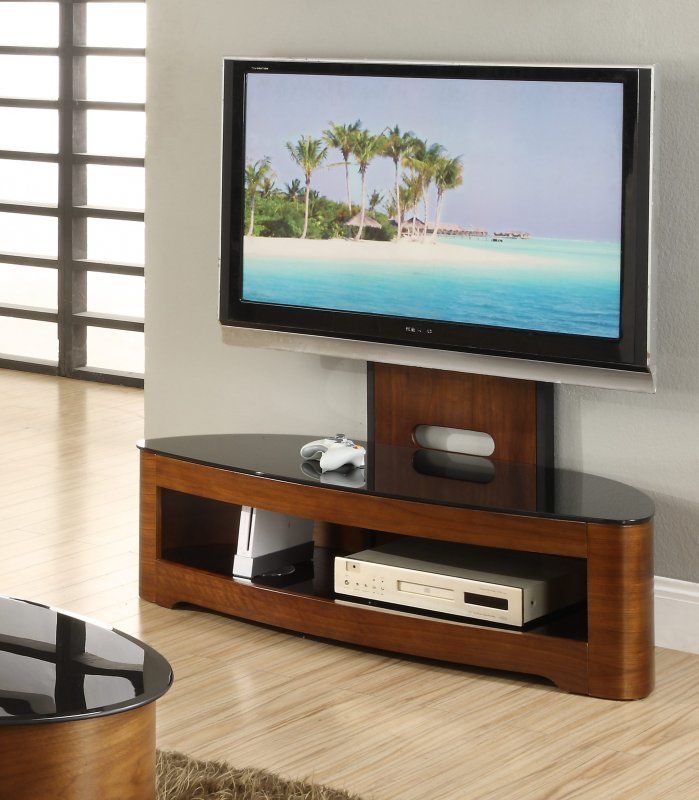Jual Florence Walnut & Black Glass Curved Wood Cantilever Within Modern Black Floor Glass Tv Stands With Mount (Photo 3 of 15)