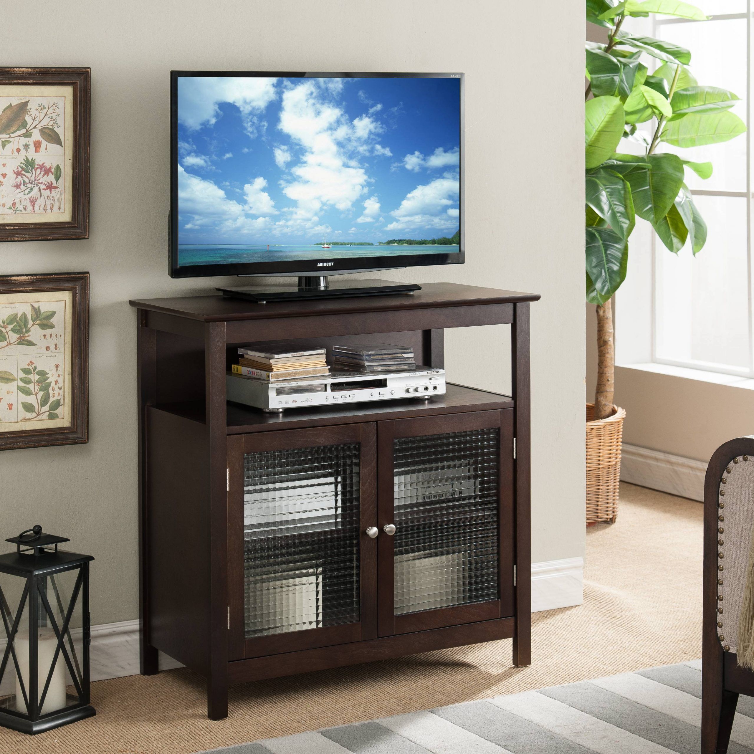 Kamila 32" Walnut Wood Contemporary Entertainment Center In Wood Tv Stand With Glass Top (Photo 1 of 15)