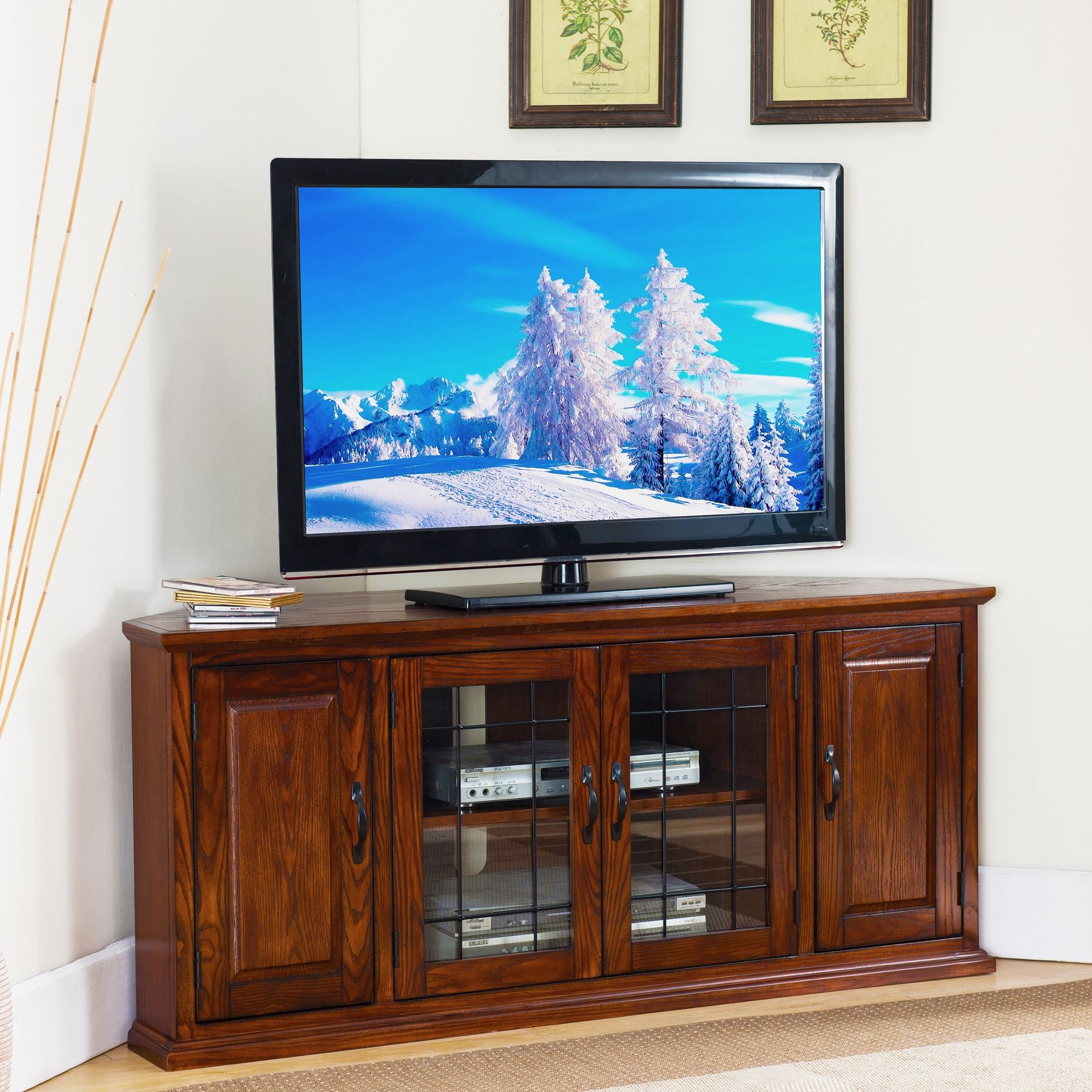 Kd Furnishings Burnished Oak Finish Wood And Leaded Glass With 60&quot; Corner Tv Stands Washed Oak (Photo 11 of 15)