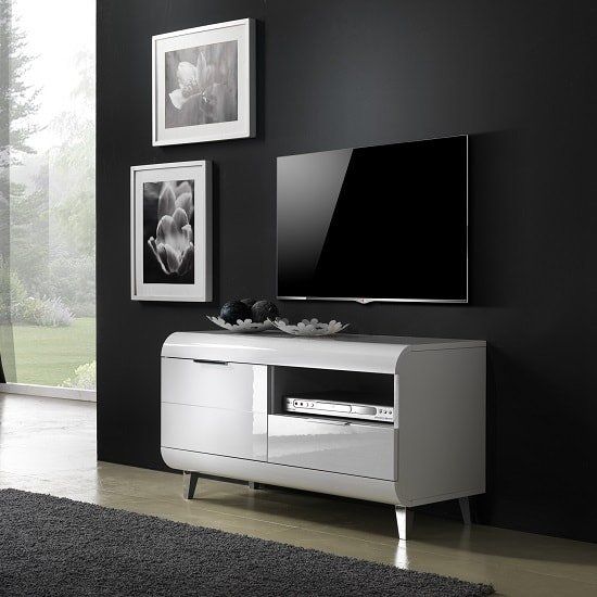 Kenia Small Tv Stand In White High Gloss With Wooden Legs Pertaining To Small Tv Stands (View 4 of 15)