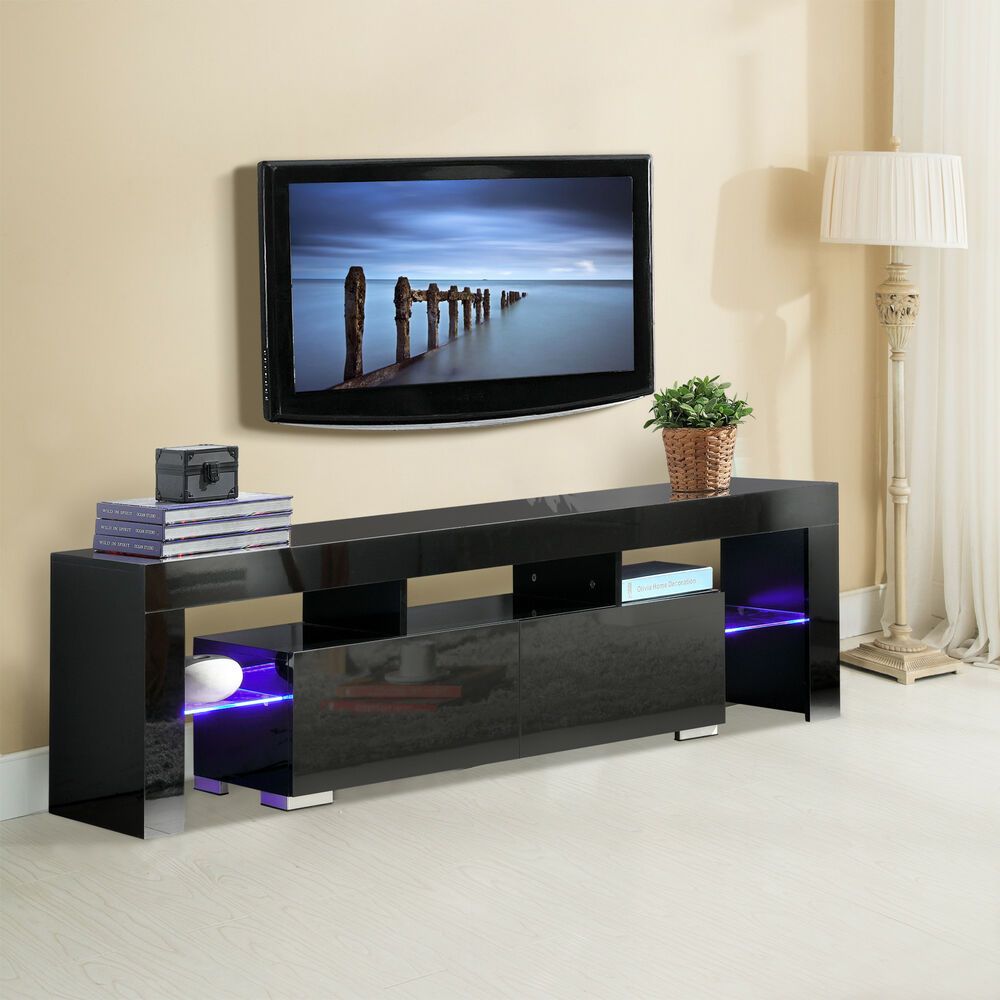 Kenwell High Gloss Black Tv Stand Unit Cabinet W/led With Regard To Gloss Tv Stands (View 1 of 15)
