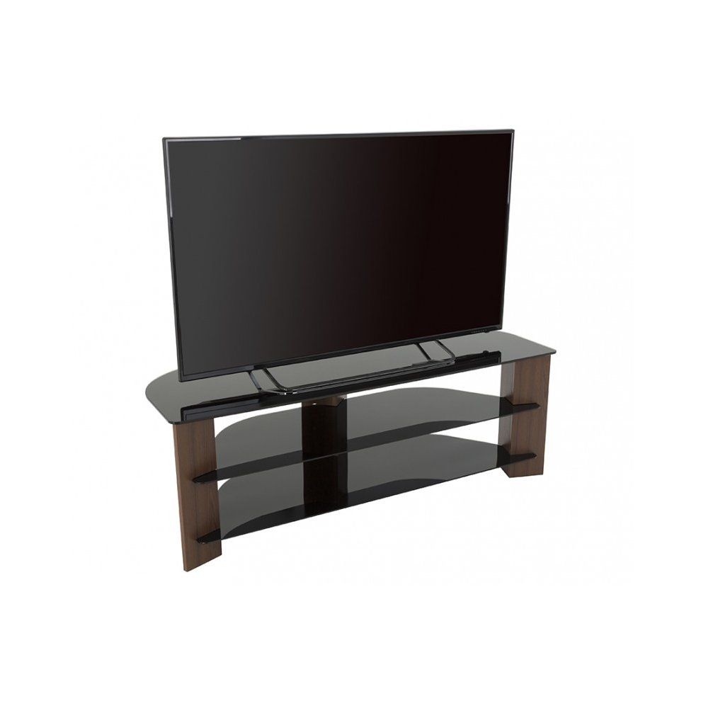 King Tv Stand Wood Effect With Black Glass Shelves Lcd Intended For Claudia Brass Effect Wide Tv Stands (View 4 of 15)