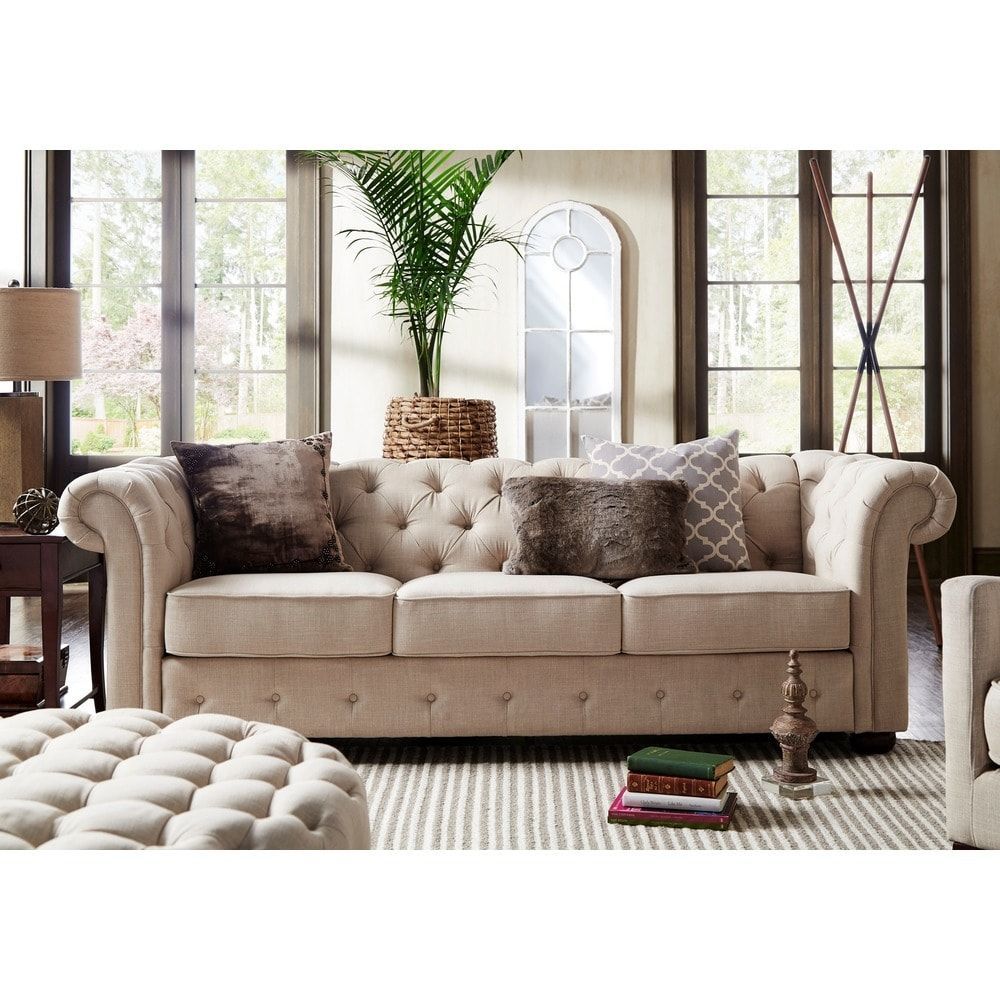 Knightsbridge Beige Fabric Button Tufted Chesterfield Sofa In Artisan Beige Sofas (View 3 of 15)