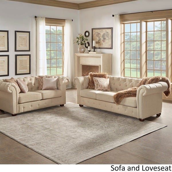 Knightsbridge Beige Fabric Button Tufted Chesterfield Sofa Pertaining To Artisan Beige Sofas (View 15 of 15)