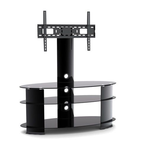 L301,3 Tier Oval Black Glass Media Console With Swivel Tv With Regard To Swivel Black Glass Tv Stands (Photo 13 of 15)