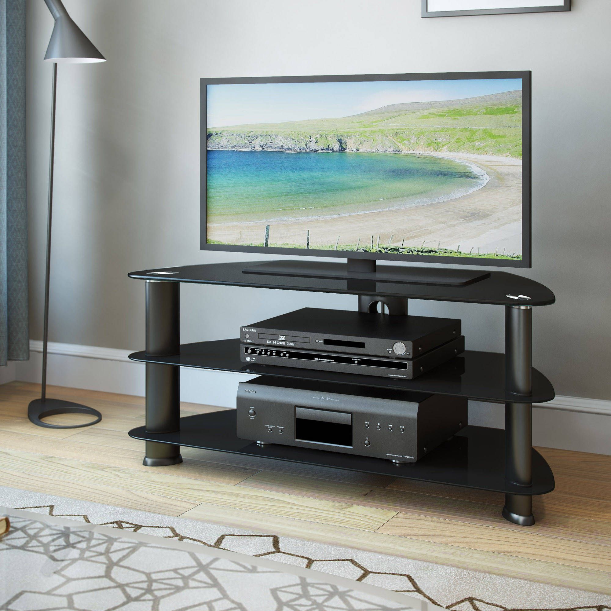 Laguna Satin Black Corner Tv Stand For Tvs Up To 50 With Regard To Corner Tv Stands (View 1 of 15)