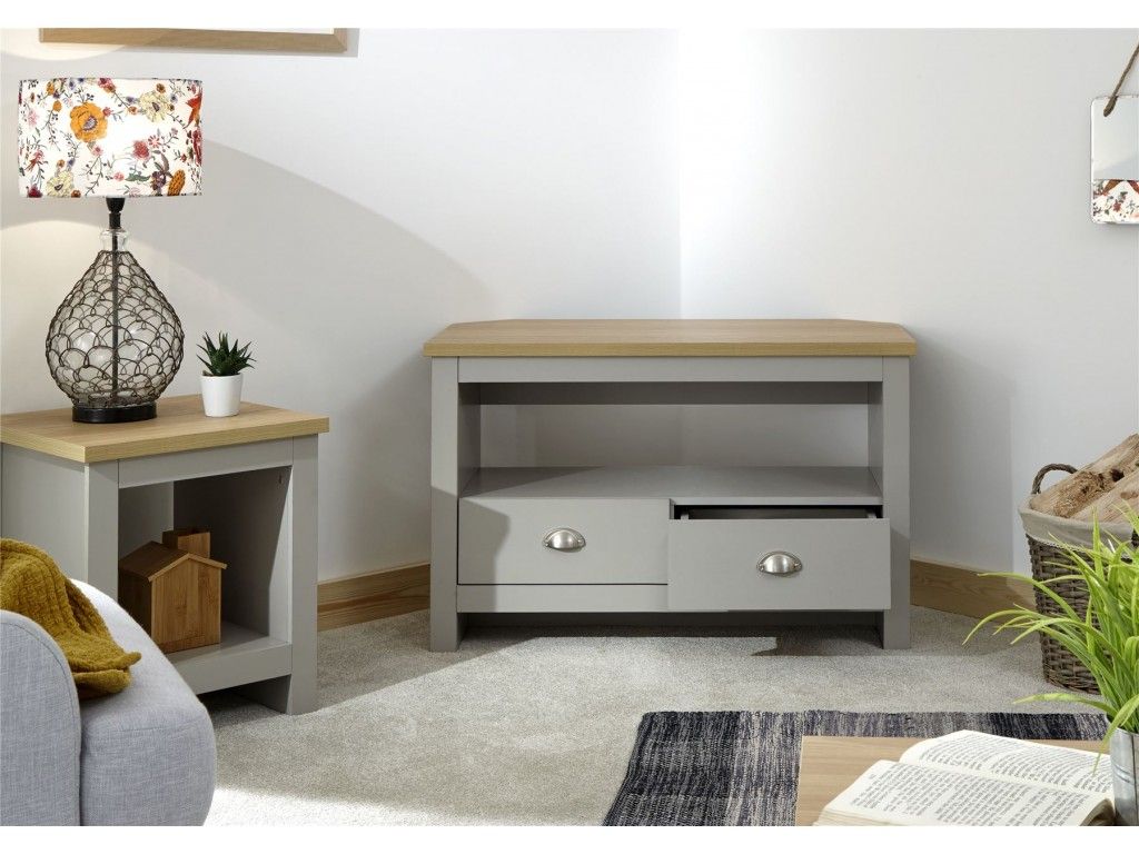Lancaster Grey Oak Top 2 Drawer Shelf Living Room Corner For Lancaster Large Tv Stands (View 3 of 15)