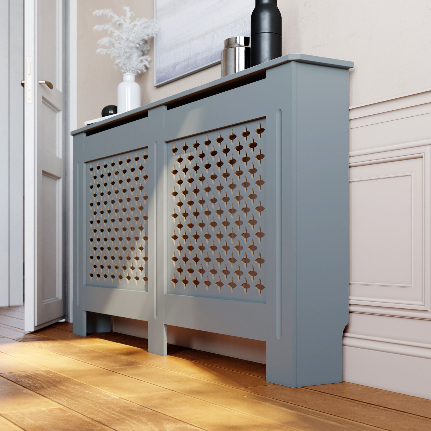 Large Radiator Cover Modern Grey Painted Cross Grill Wood Regarding Radiator Cover Tv Stands (View 11 of 15)
