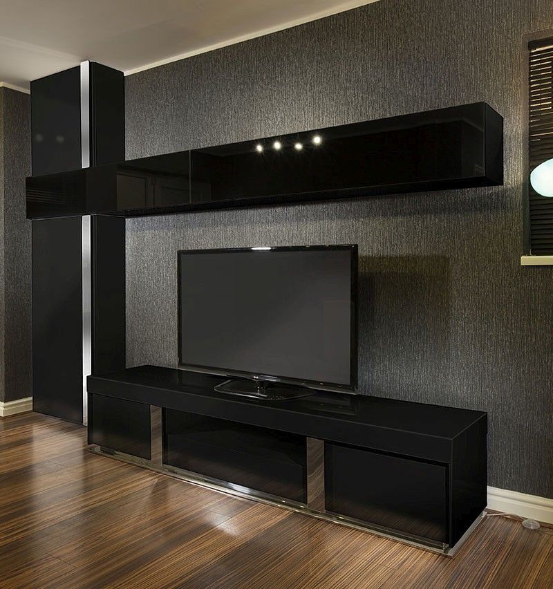 Large Tv Stand + Wall Mounted Storage Cabinet Black Glass Regarding Wall Mounted Tv Racks (View 14 of 15)