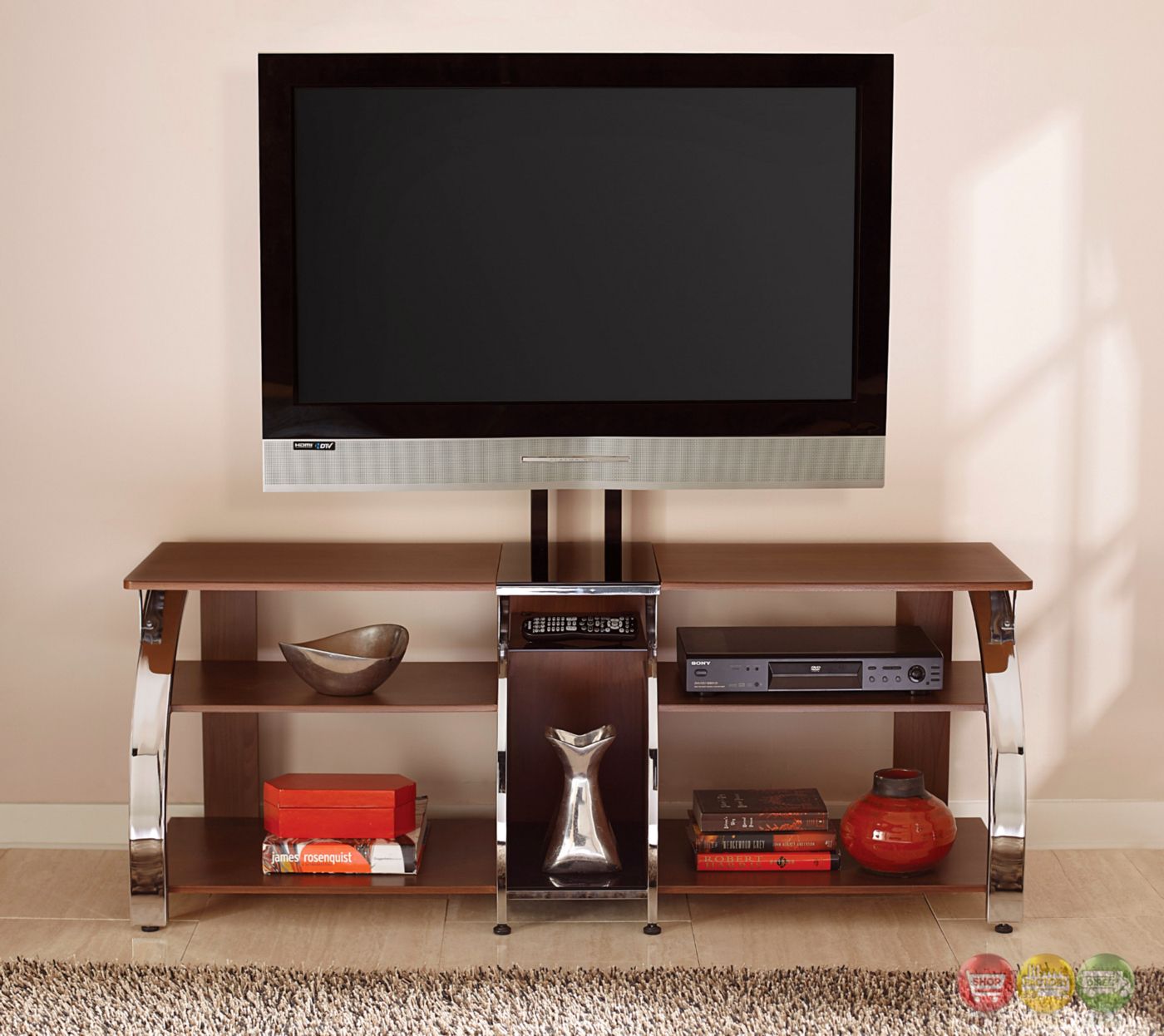 Layla 58" Polished Chrome And Cherry Tv Stand With Tv With Regard To Bracketed Tv Stands (View 12 of 15)