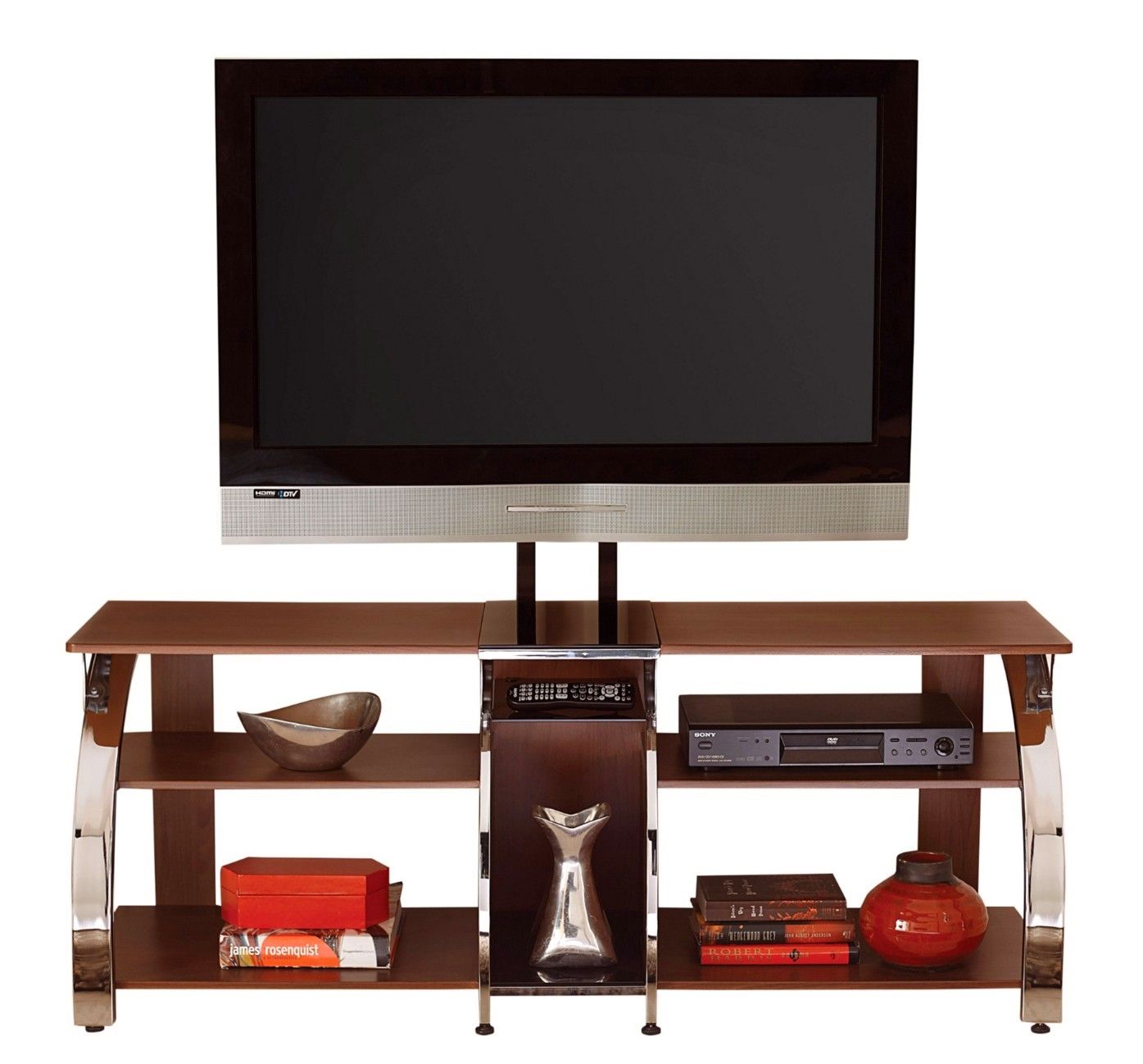 Layla 58" Polished Chrome And Cherry Tv Stand With Tv Within Bracketed Tv Stands (View 4 of 15)