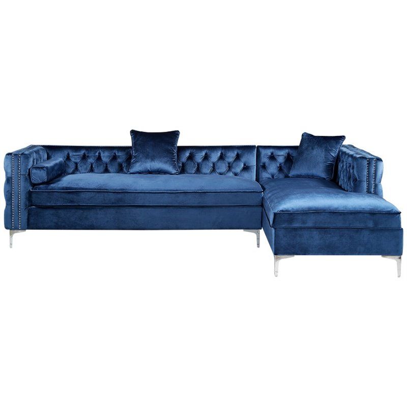 Levi Blue Velvet Chaise Sectional Sofa – 115 Inches Right Regarding Kiefer Right Facing Sectional Sofas (View 15 of 15)