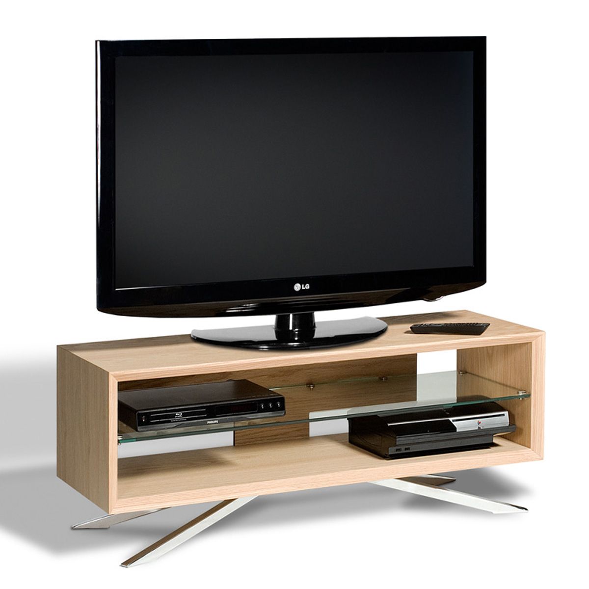 Light Oak Low Level Clear Glass Shelf Lcd Plasma Tv Stand Throughout Light Oak Tv Stands Flat Screen (View 7 of 15)