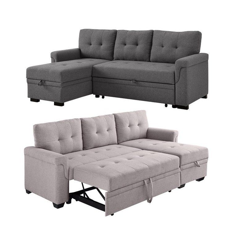 Lila Lucca Linen Reversible Sleeper Sectional Sofa Left Side Inside Debbie Coil Sectional Futon Sofas (View 3 of 15)