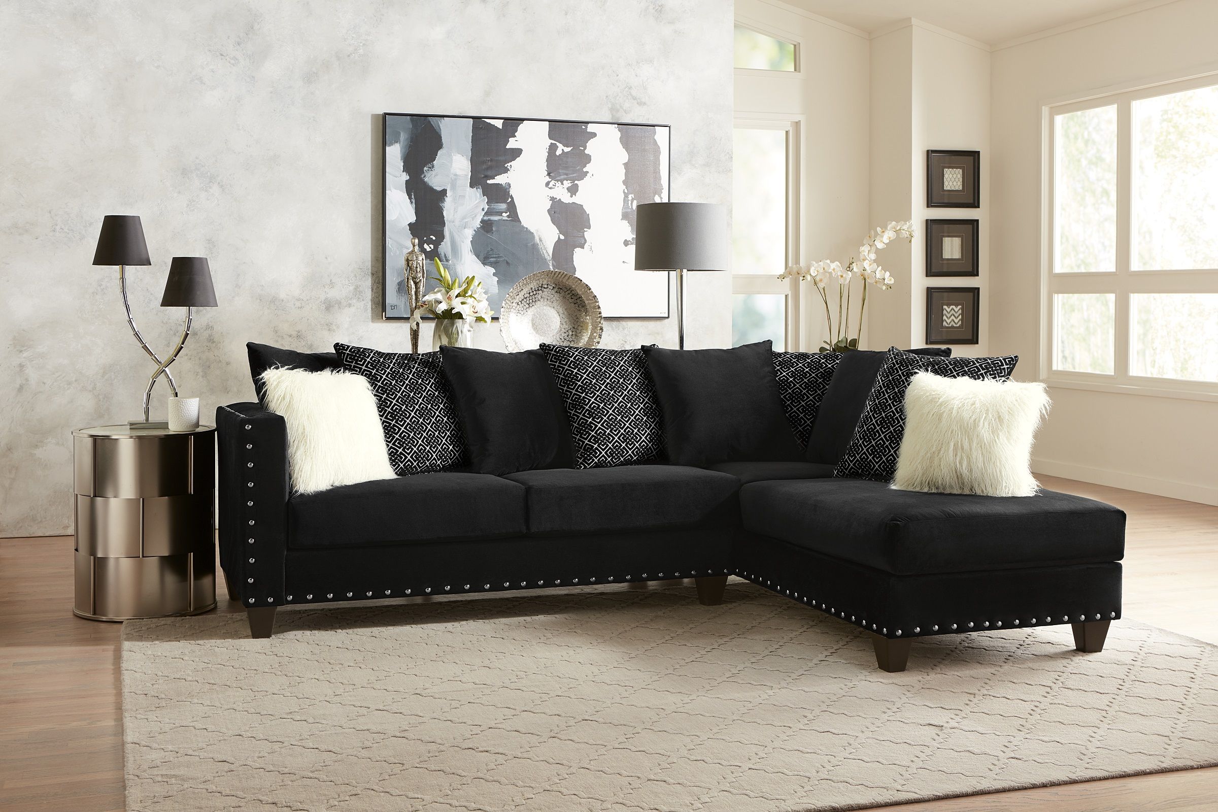 Living Room Modern Classic Black Fabric Sectional Sofa 2pc Pertaining To 4pc Crowningshield Contemporary Chaise Sectional Sofas (View 11 of 15)