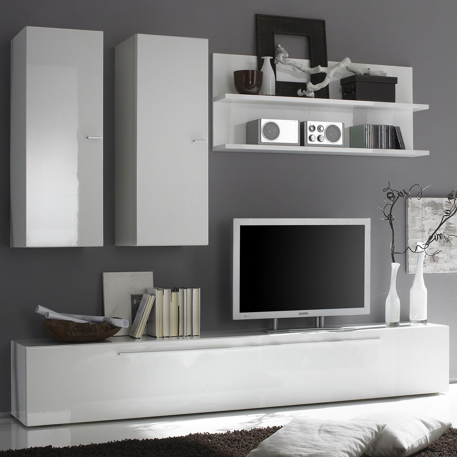 Long Tv Cabinet, 2 Vertical Units And Shelf, Gloss White With Regard To Cheap White Gloss Tv Unit (Photo 3 of 15)