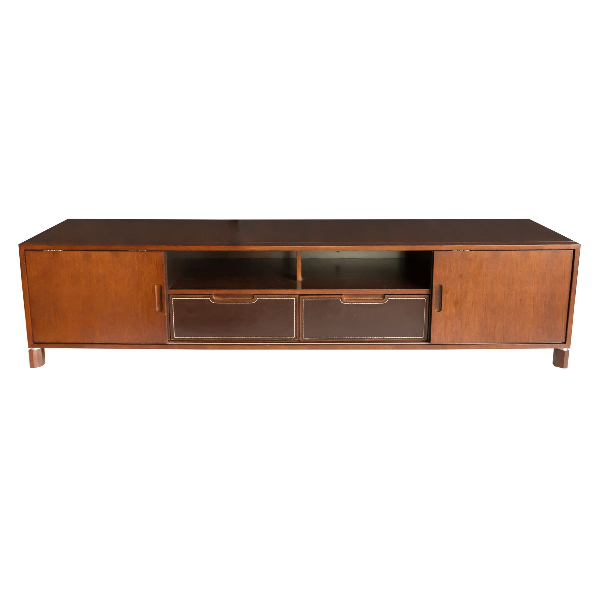 Low Profile Media Console Has A Dark Finish With Two Throughout Dark Brown Tv Cabinets With 2 Sliding Doors And Drawer (View 15 of 15)