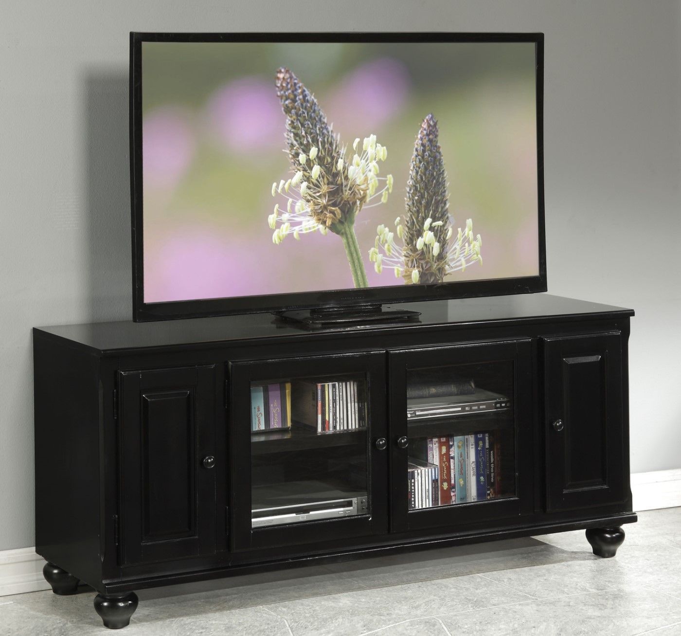 Luella Transitional Tv Stand With Glass Doors & Framed Inside Modern 2 Glass Door Corner Tv Stands (View 3 of 15)