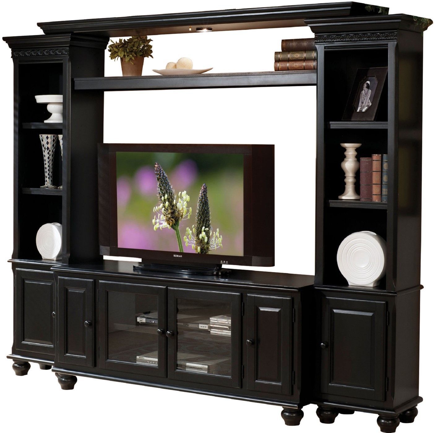 Luella Transitional Tv Stand With Glass Doors & Framed Regarding Black Tv Cabinets With Doors (View 1 of 15)