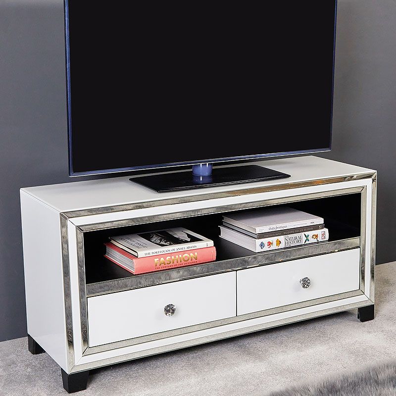 Madison White Mirrored Glass 120cm 2 Drawer Tv Cabinet Pertaining To Loren Mirrored Wide Tv Unit Stands (View 5 of 15)