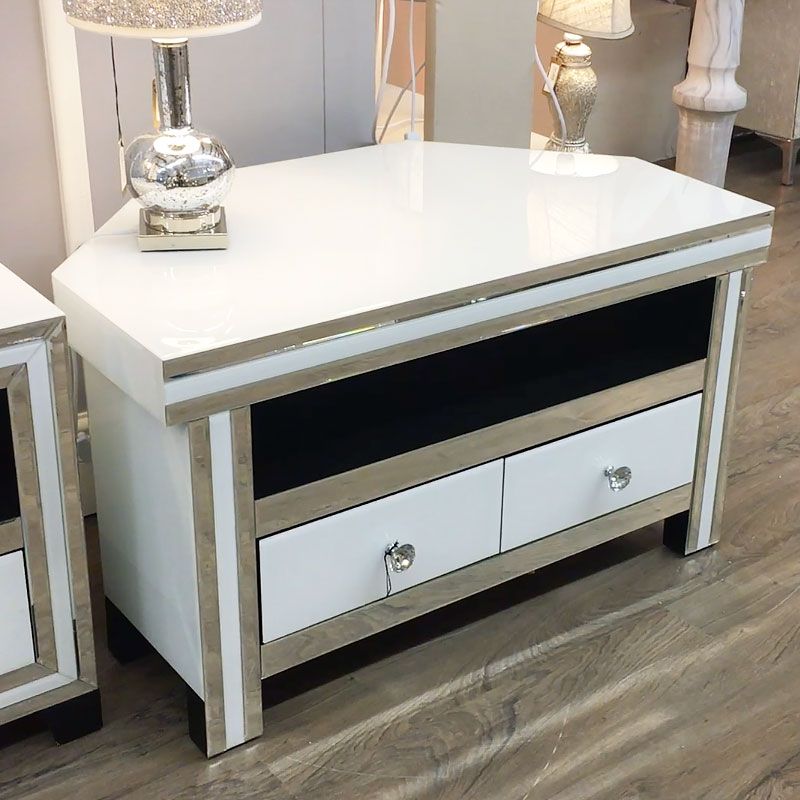 Madison White Mirrored Glass Corner 2 Drawer Tv Cabinet For Cabinet Tv Stands (View 15 of 15)
