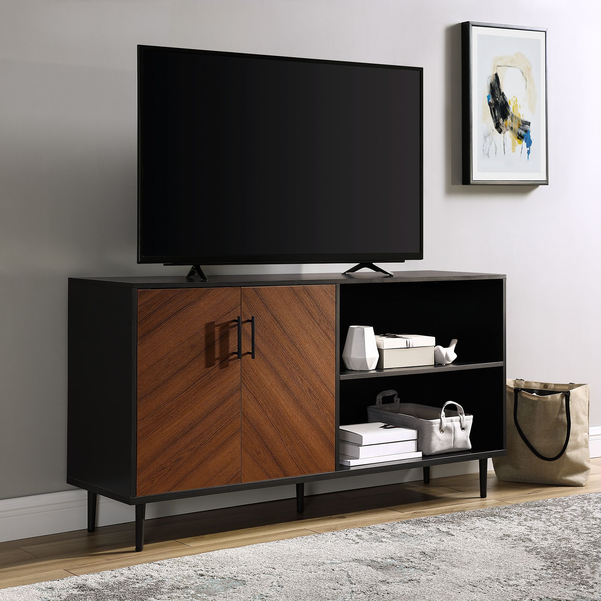 Manor Park 58" Mid Century Modern Bookmatched Doors Tv Within Black Modern Tv Stands (Photo 1 of 15)