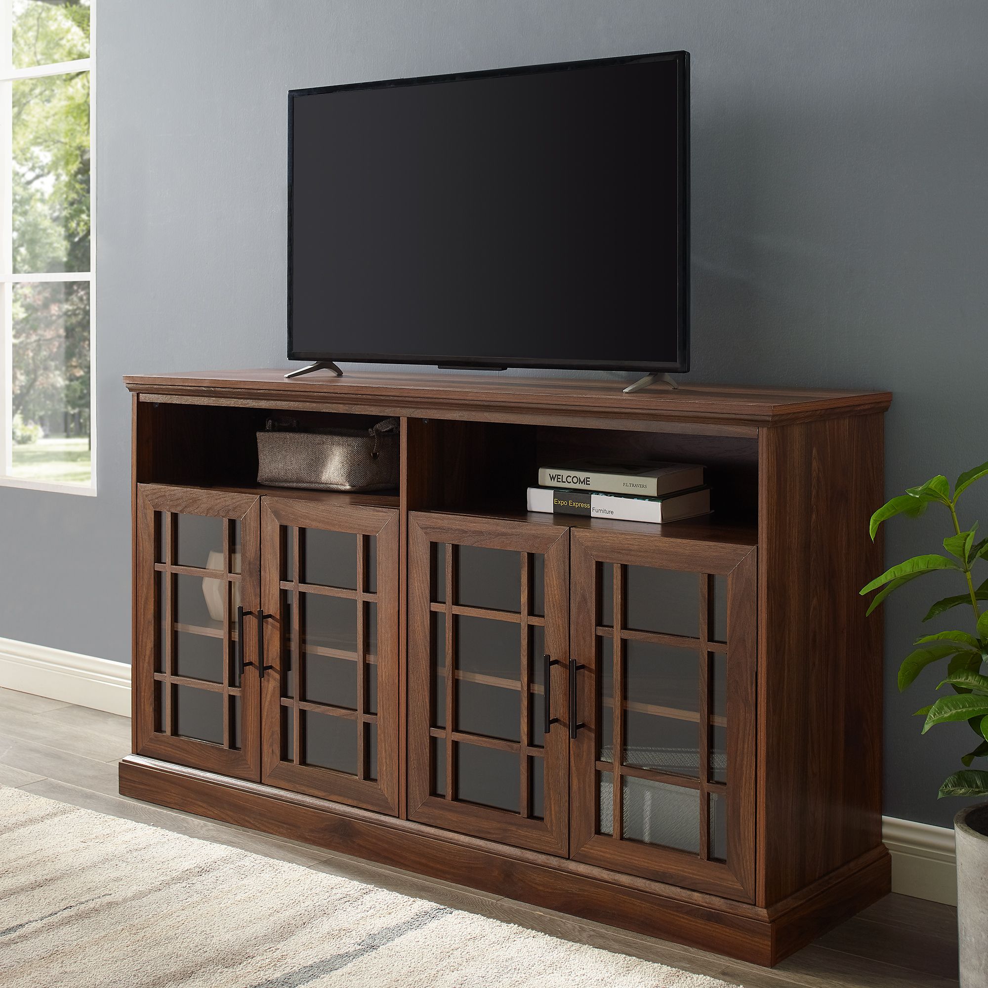 Manor Park Classic Glass Door Tv Stand For Tvs Up To 65 In Classic Tv Stands (View 4 of 15)