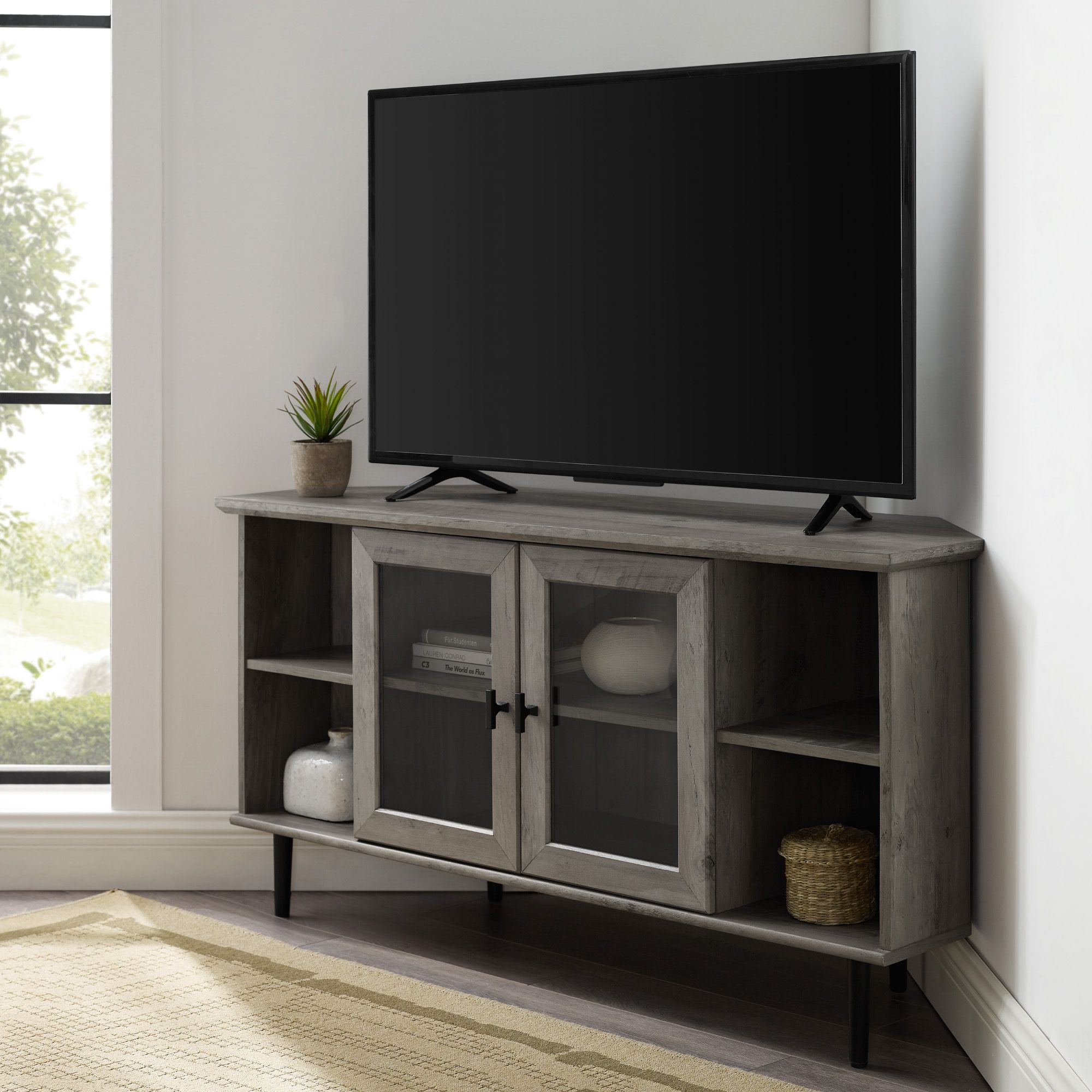 Manor Park Glass Door Corner Tv Stand For Tvs Up To 55 With Delphi Grey Tv Stands (View 1 of 15)