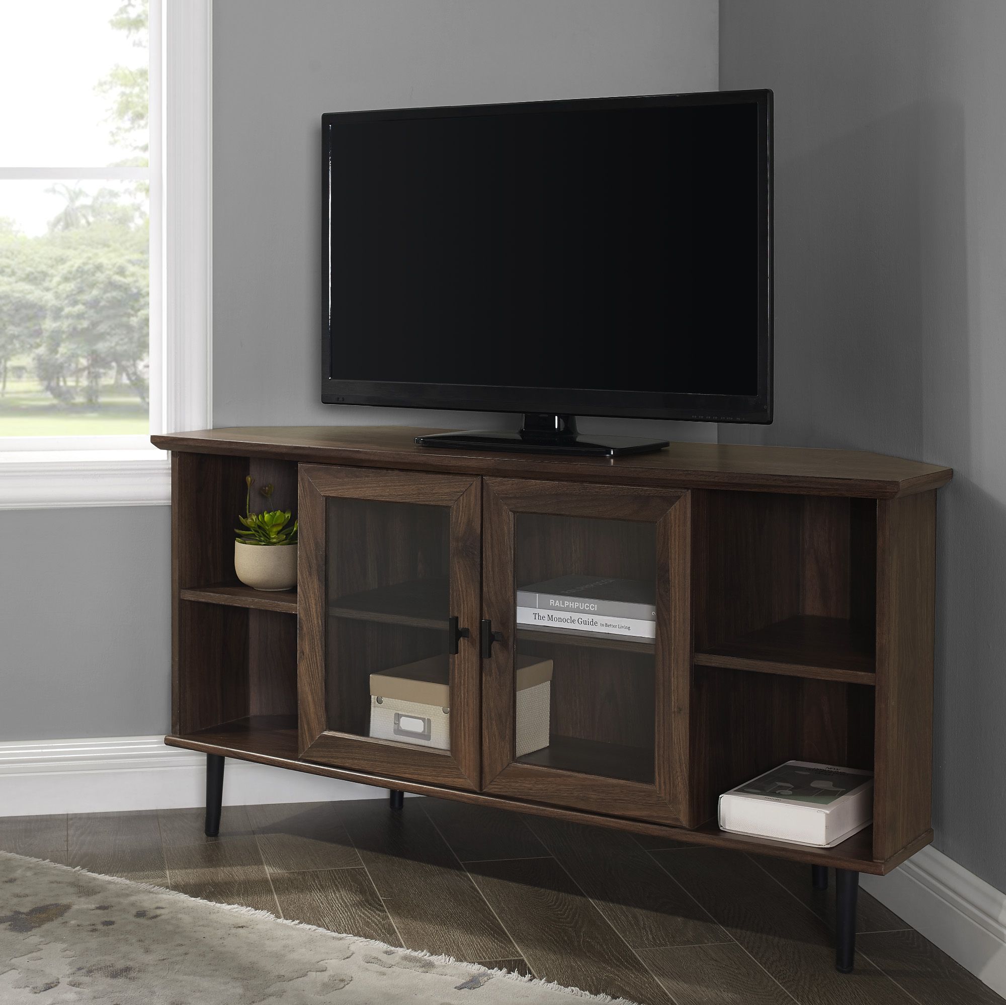 Manor Park Glass Door Corner Tv Stand For Tvs Up To 55 Within Tv Stands Rounded Corners (View 2 of 15)