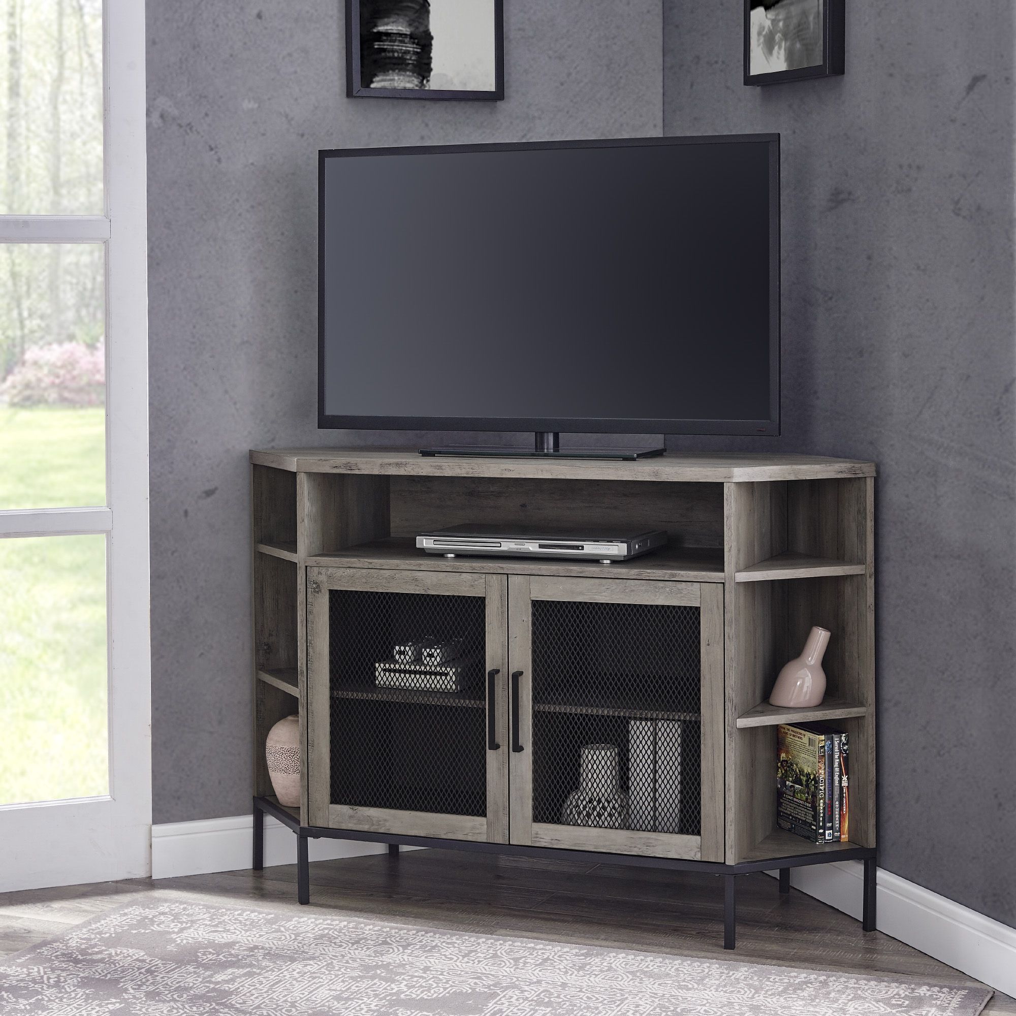 Manor Park Industrial Corner Tv Console For Tvs Up To 52 Within Industrial Corner Tv Stands (View 3 of 15)