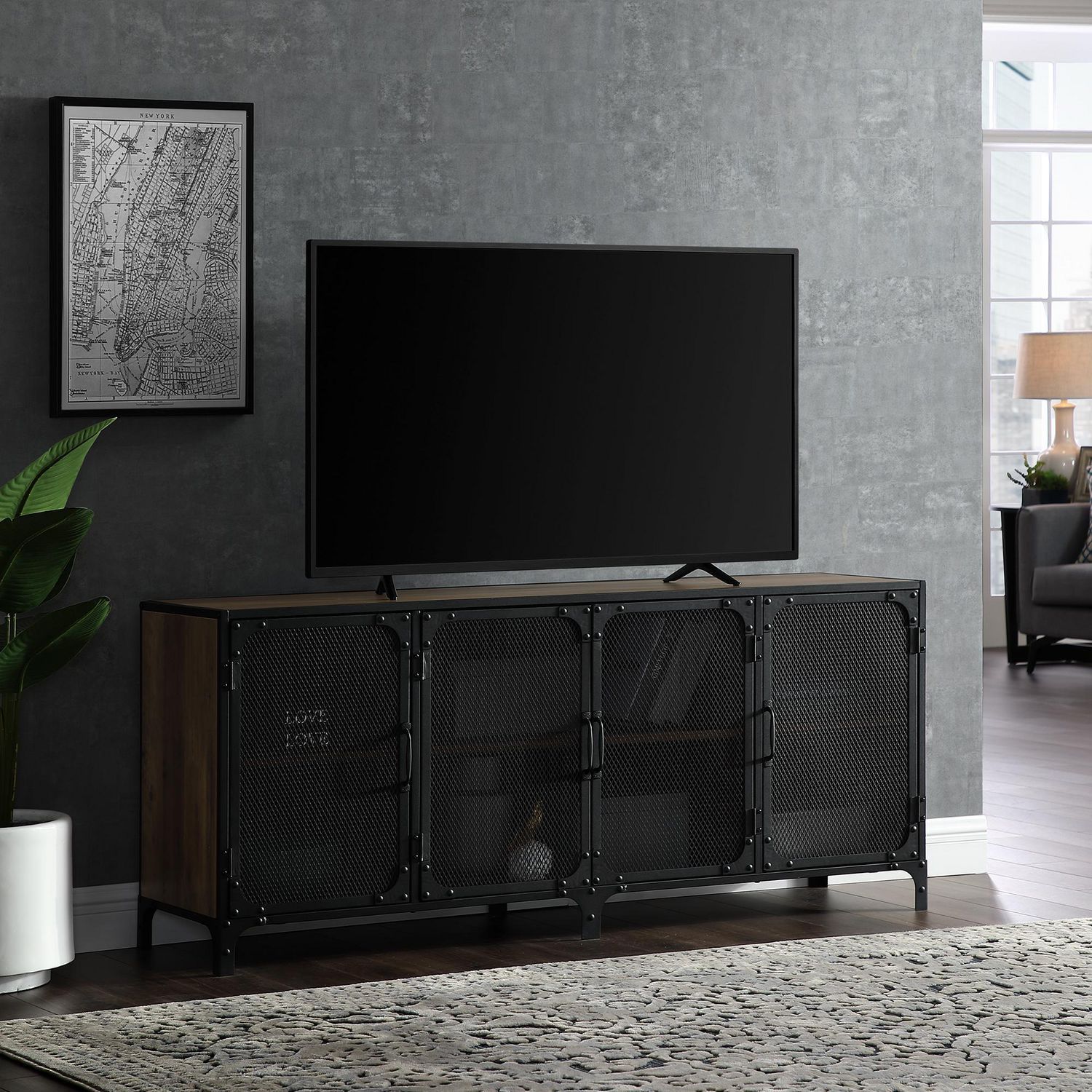 Manor Park Industrial Mesh Tv Stand For Tv's Up To 66 Within Urban Rustic Tv Stands (View 3 of 15)