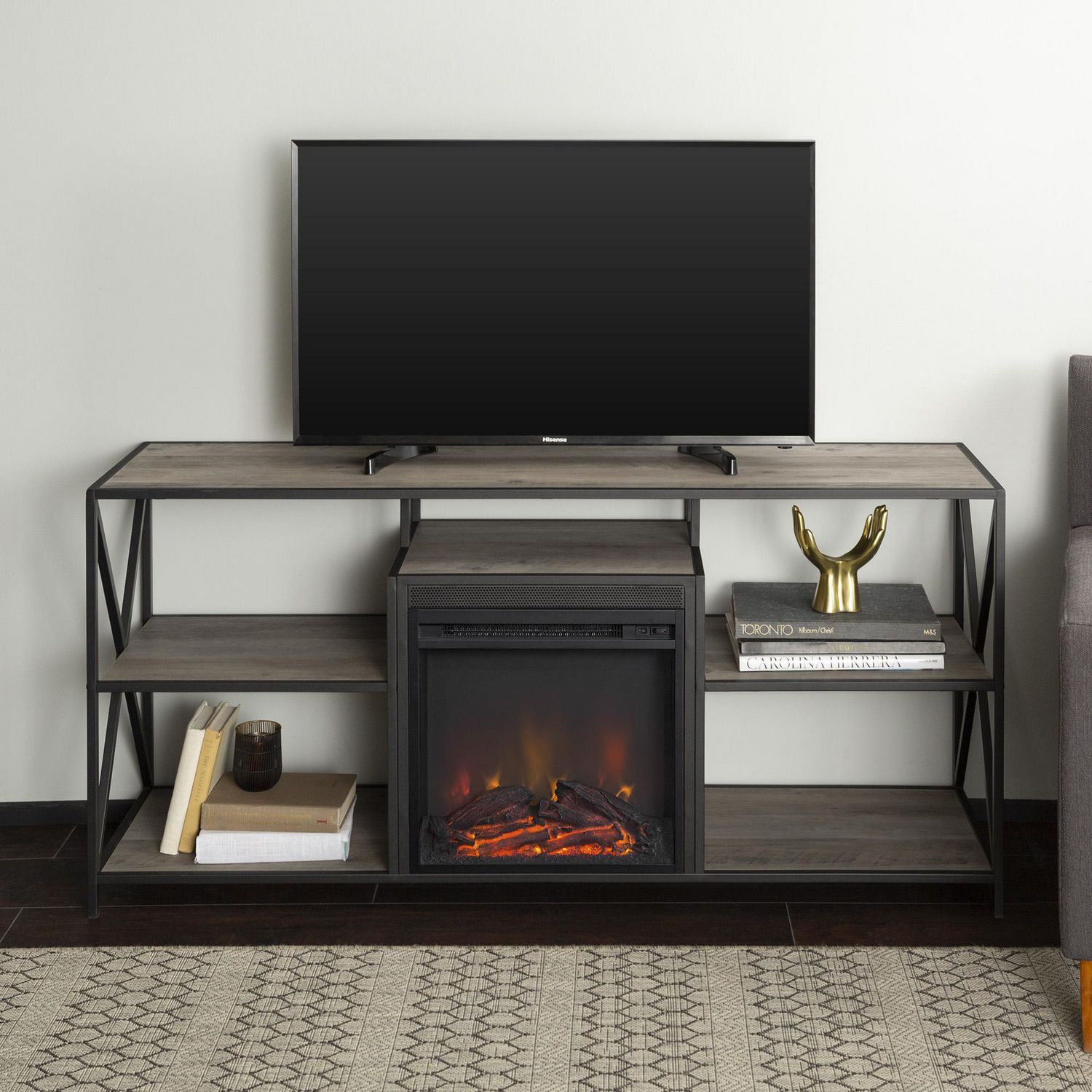 Manor Park Modern Industrial Fireplace Tv Stand For Tv's In Tv Stands With Led Lights In Multiple Finishes (Photo 3 of 15)