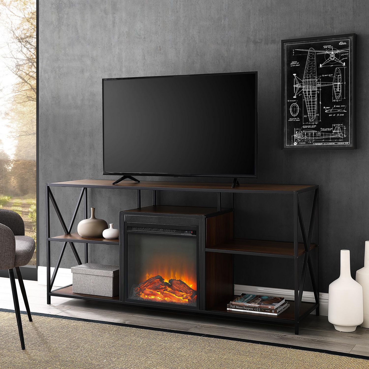 Manor Park Modern Industrial Fireplace Tv Stand For Tv's Pertaining To Tv Stands With Led Lights In Multiple Finishes (View 15 of 15)