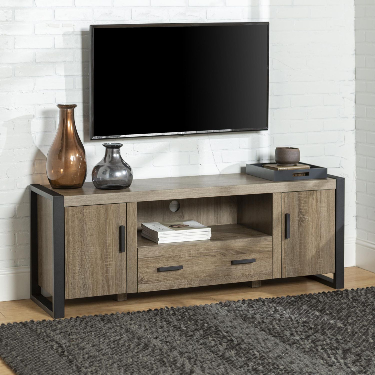 Manor Park Modern Industrial Tv Stand – Multiple Finishes For Tv Stands With Led Lights In Multiple Finishes (Photo 4 of 15)
