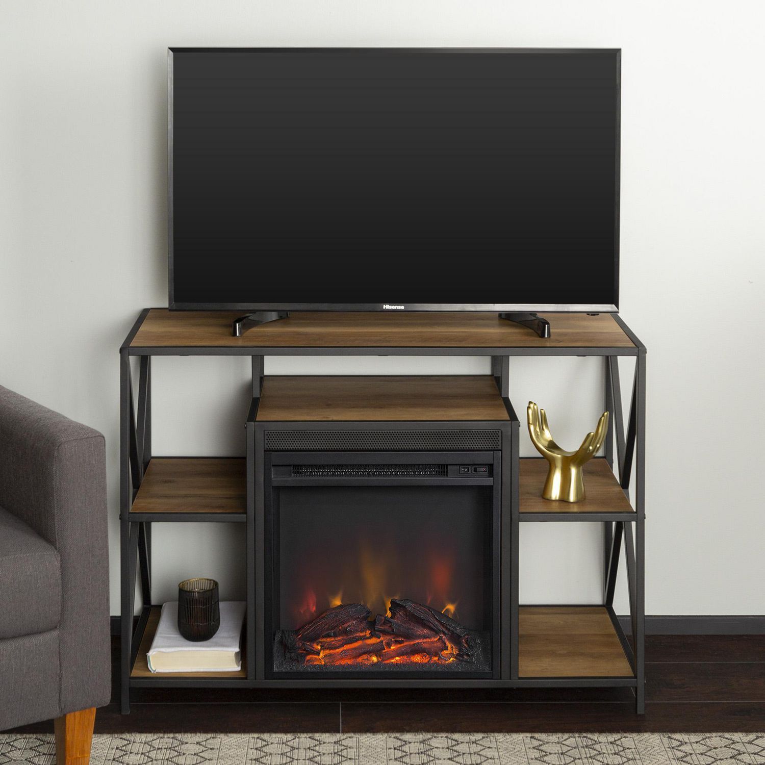 Manor Park Rustic Industrial Fireplace Tv Stand For Tv's Intended For Industrial Tv Stands (View 3 of 15)