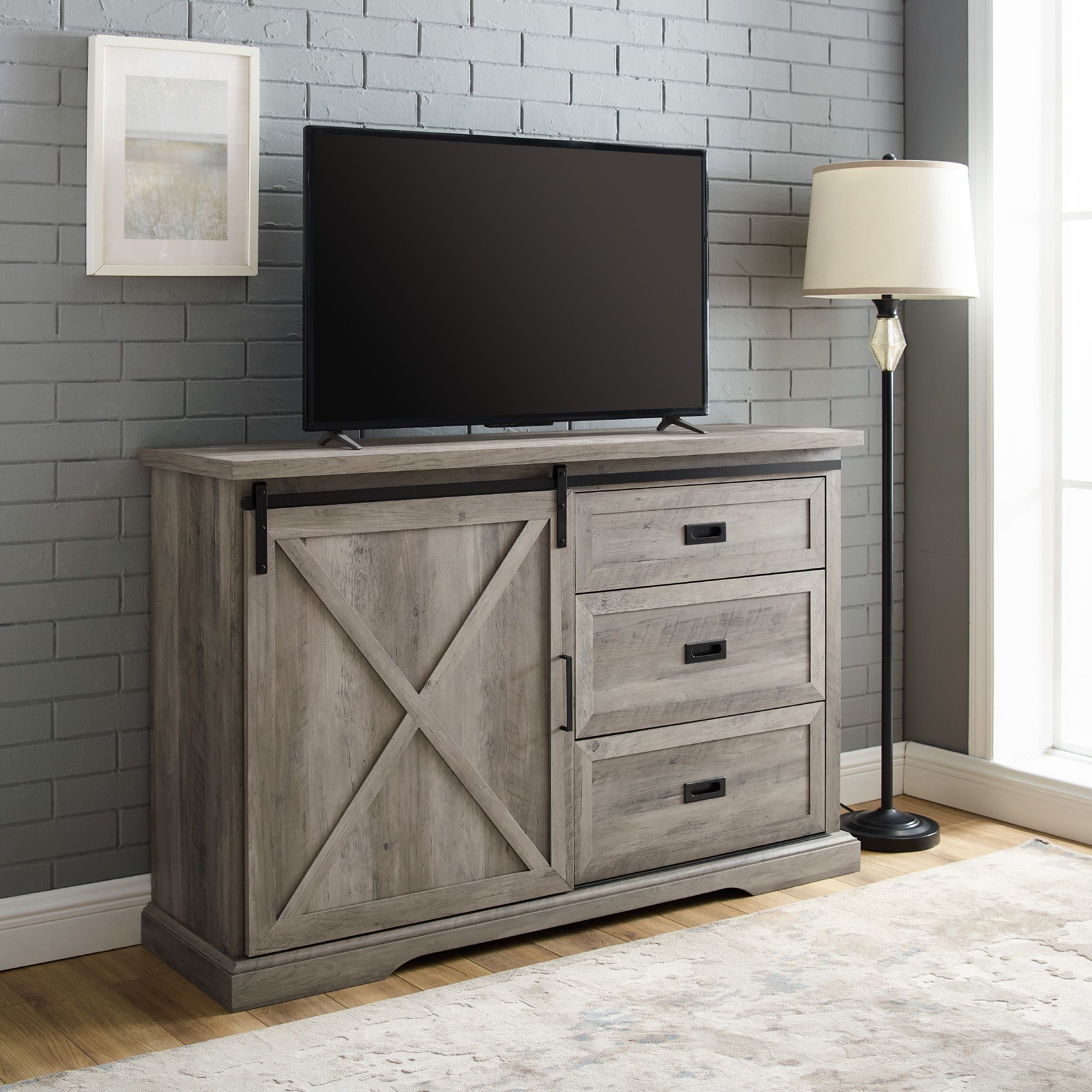 Manor Park Sliding Door Tv Stand For Tvs Up To 60", Grey For Camden Corner Tv Stands For Tvs Up To 60" (View 10 of 15)